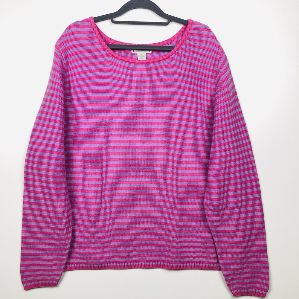 LL Bean Womens L Crew Neck Pink Purple Striped Cotton Knit Pullover Sweater
